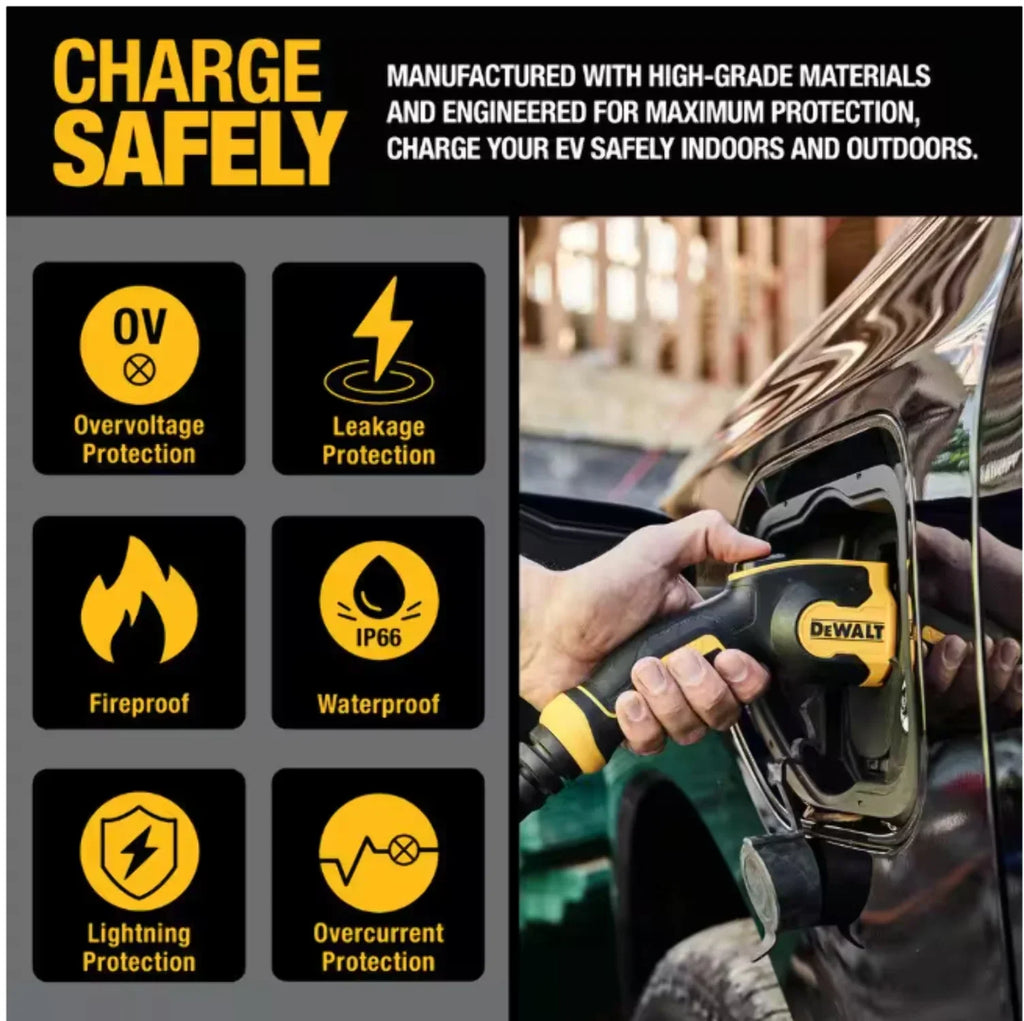 Nouveauté 2026 – Chargeur portable DEWALT niveau 2 pour véhicules électriques (VE), jusqu'à 16 A, 120-240 V CA, 3,8 kW, câble de 7,6 m, résistant aux intempéries