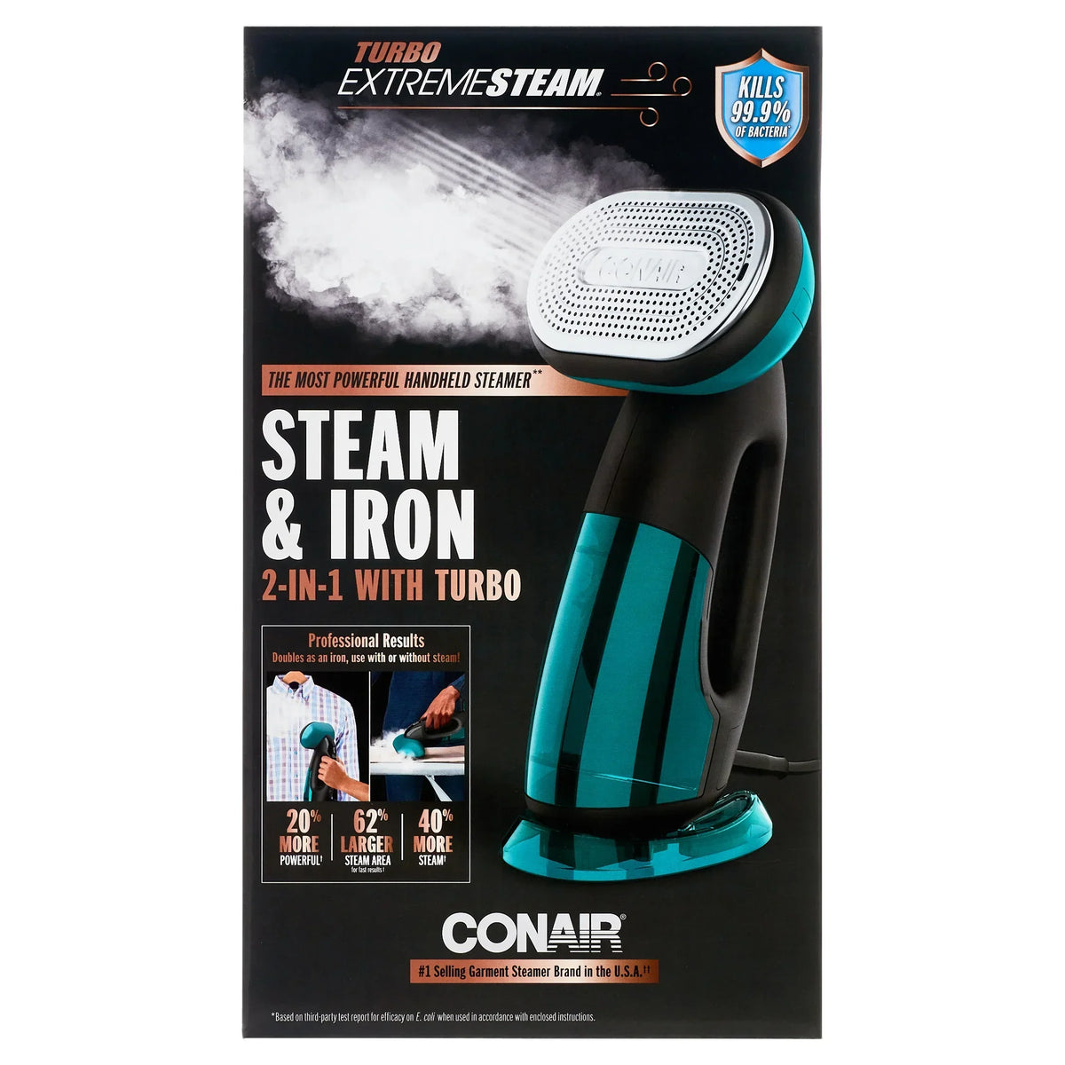 Nouveauté 2026 – Défroisseur vapeur portable Conair Turbo ExtremeSteam 1875 W, 2 en 1, taille unique, noir/vert GS107 (édition limitée