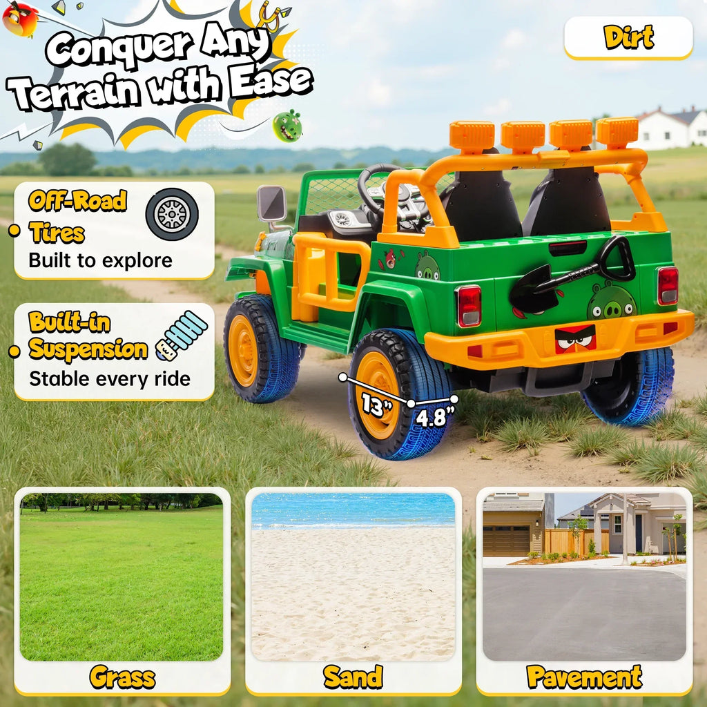 Nouveauté 2026 – Joyracer , véhicule électrique 24 volts pour enfants de 3 à 8 ans, sous licence Angry Birds, avec télécommande, pelle, Bluetooth, phares et roues motorisées. Convient aux enfants jusqu'à 60 kg (130 lbs). Couleur verte