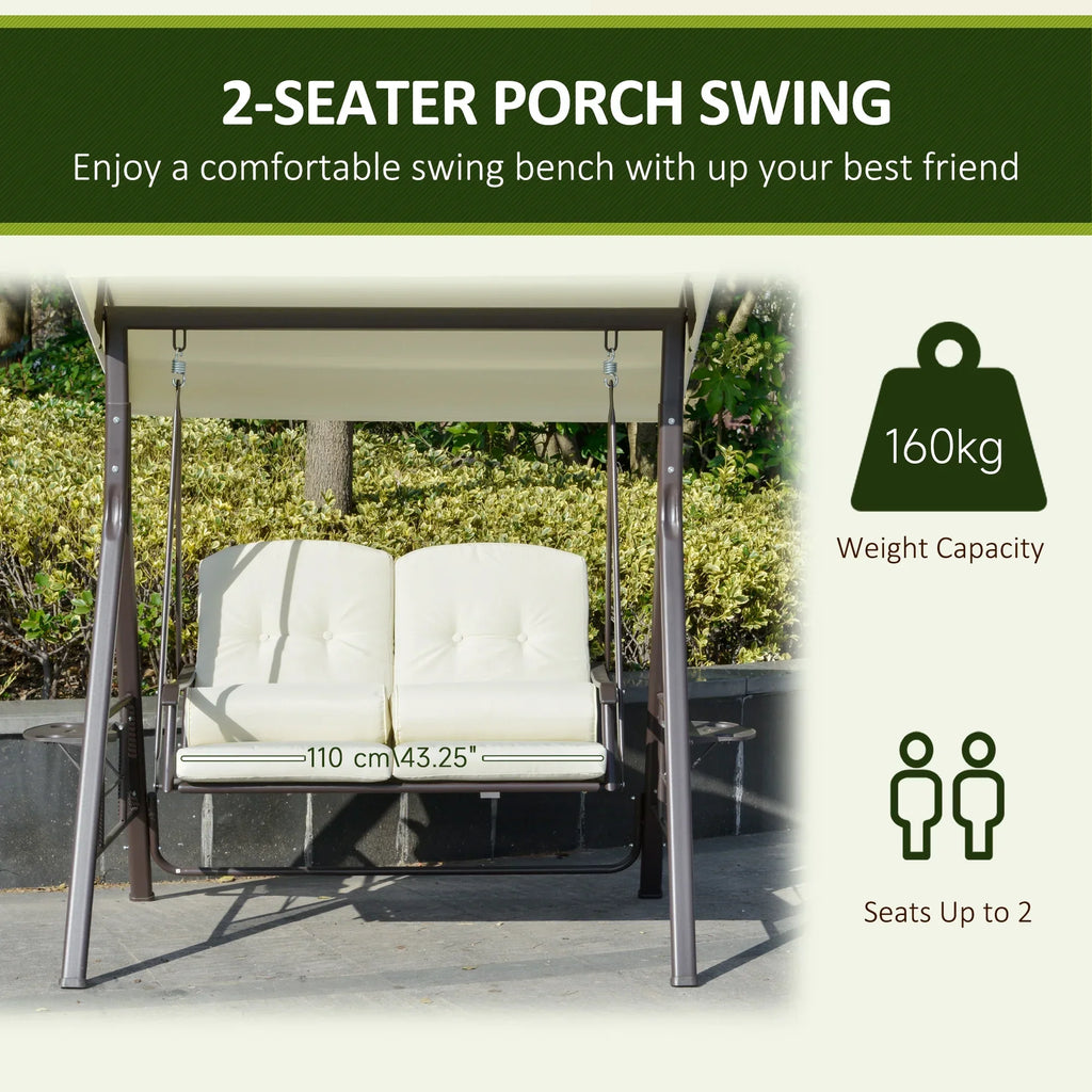 Nouveauté 2026 – Balancelle de patio Outsunny 2 places pour 2 personnes avec auvent réglable, coussins moelleux, coussins décoratifs et plateau, beige