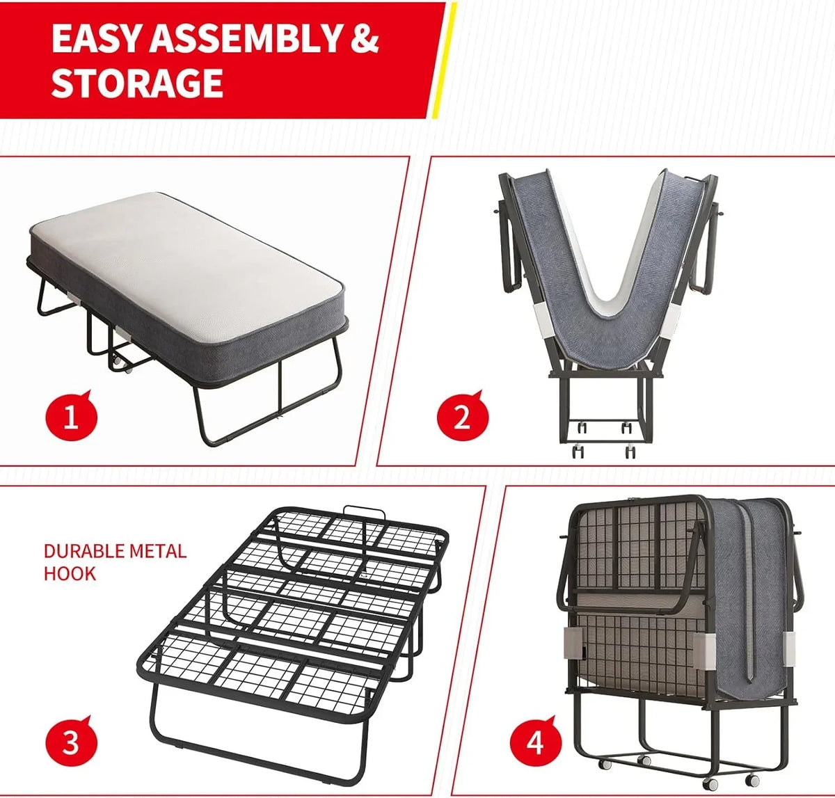 Nouveauté 2026 – Lit pliant Puremind avec matelas en mousse de 10 cm, lit d'appoint 190 x 79 cm pour adultes, lit portable avec roulettes verrouillables, montage et déplacement faciles, standard