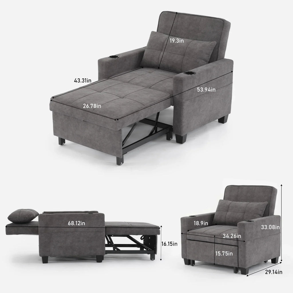 Nouveauté 2026 – Canapé-lit futon convertible , fauteuil-lit multifonctionnel 3 en 1 avec ports USB, dossier inclinable réglable, idéal pour les petits espaces (salon, chambre), revêtement en tissu technique, gris foncé