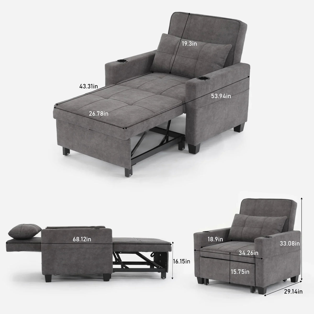 Nouveauté 2026 – Canapé-lit futon convertible , fauteuil-lit multifonctionnel 3 en 1 avec ports USB, dossier inclinable réglable, idéal pour les petits espaces (salon, chambre), revêtement en tissu technique, gris foncé