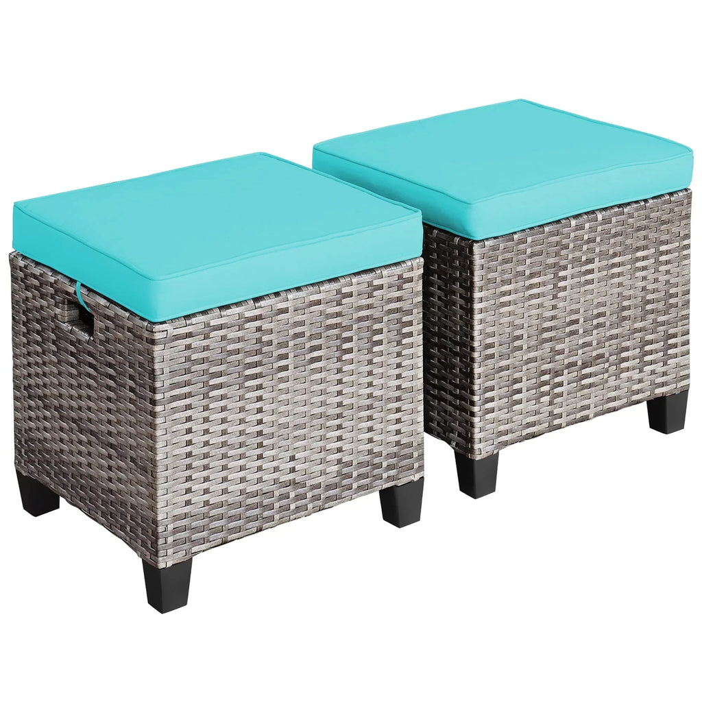 Nouveauté 2026 – Costway Ensemble de 2 poufs de patio rembourrés en rotin, repose-pieds et table turquoise