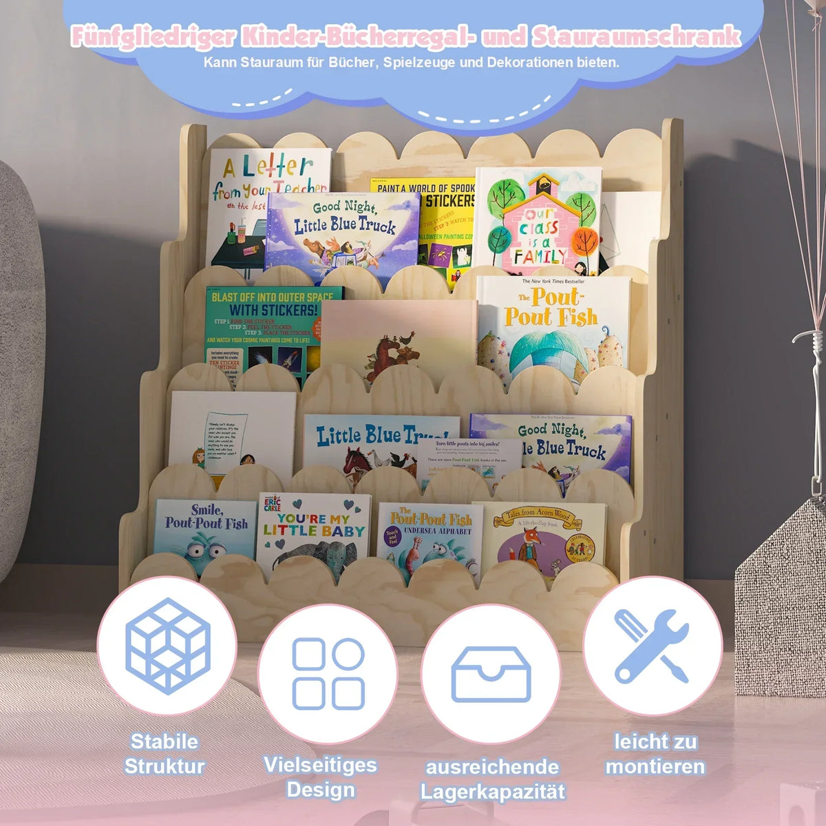 Nouveauté 2026 – Étagère Montessori en bois pour enfants - Présentoir à livres festonné à 4 niveaux, rangement pour livres et jouets de bébé/tout-petit, rangement mixte pour salle de jeux ou classe