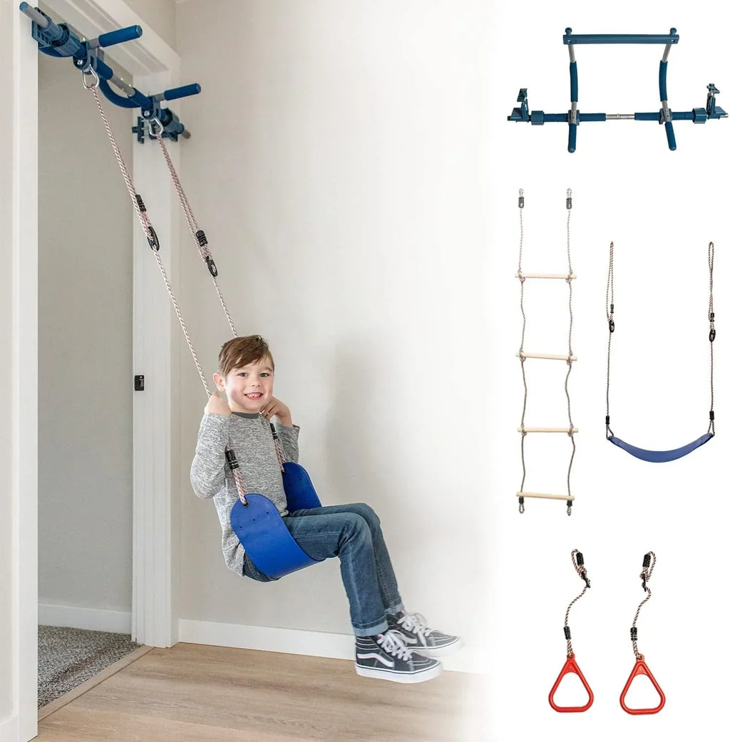 Nouveauté 2026 – Gym1 - Aire de jeux intérieure de luxe pour enfants - Ensemble complet - Quatre activités ludiques : balançoire bleue, anneaux en plastique, échelle d'escalade et barre de traction