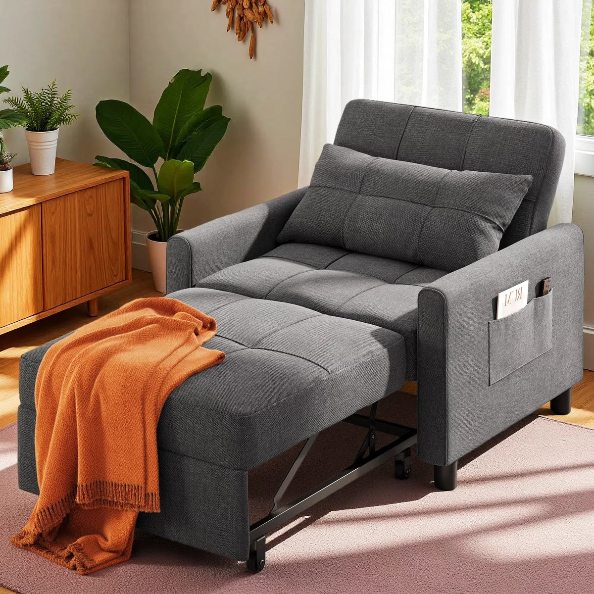 Nouveauté 2026 – Canapé-lit convertible 3 en 1 Lofka avec rangement, dossier réglable et fonction gigogne - Fauteuil-lit idéal pour les petits espaces et les appartements, gris foncé