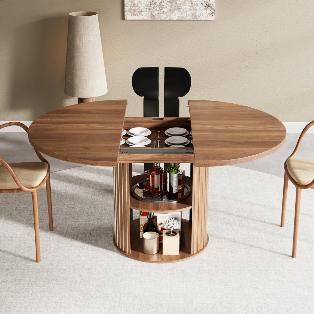 Nouveauté 2026 – Table de salle à manger extensible pour 4 à 6 personnes, table de cuisine ronde avec étagère de rangement, tables de salle à manger ovales pour salon (noyer