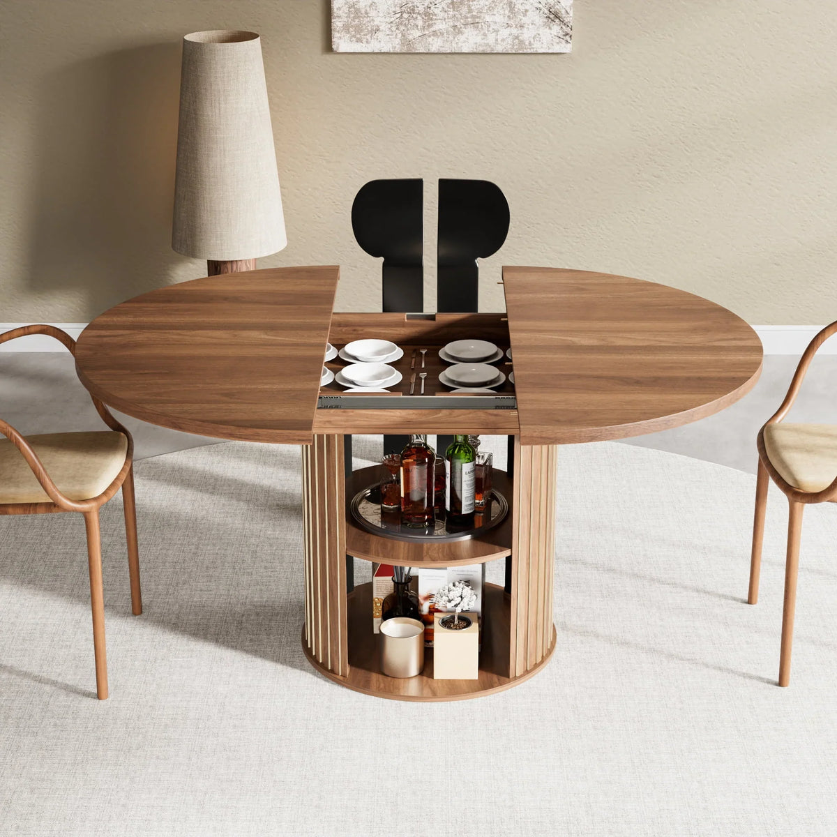 Nouveauté 2026 – Table de salle à manger extensible pour 4 à 6 personnes, table de cuisine ronde avec étagère de rangement, tables de salle à manger ovales pour salon (noyer