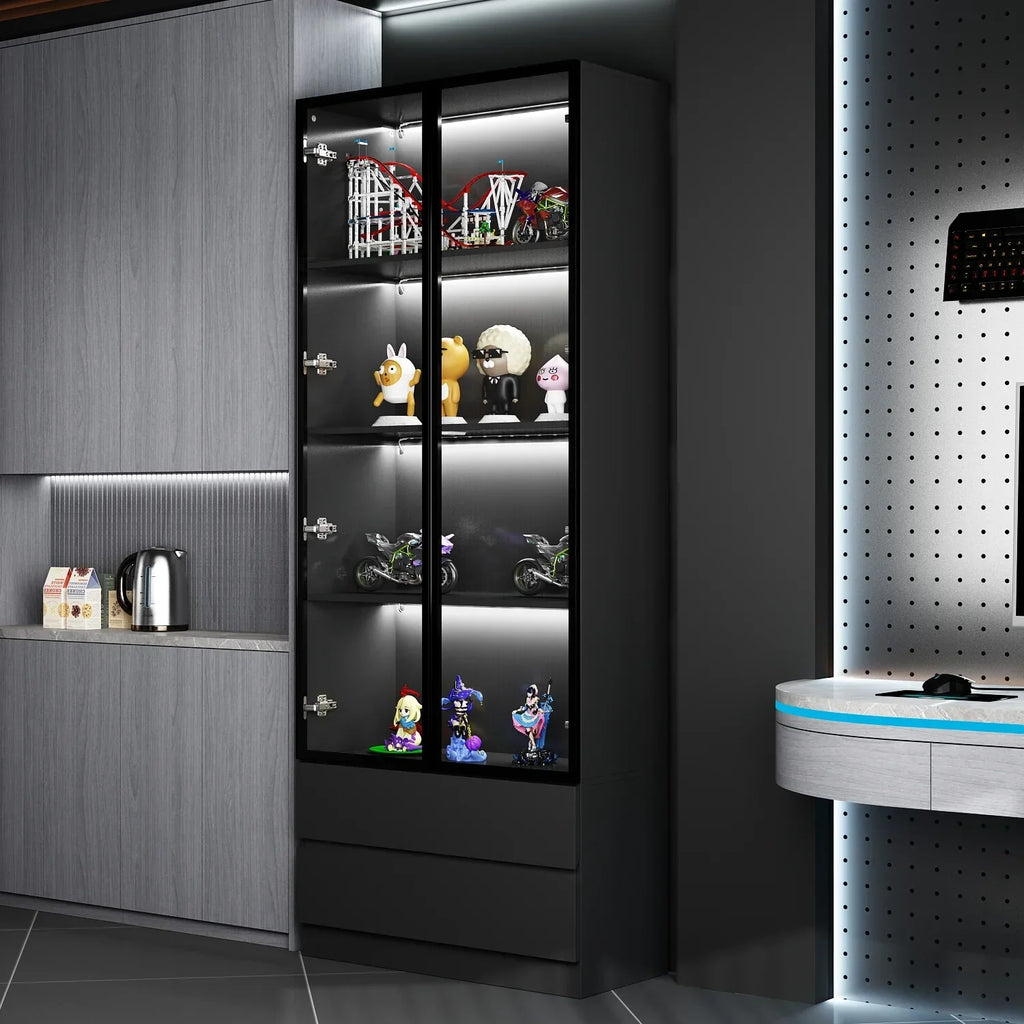 Nouveauté 2026 – Bibliothèque/organisateur KULAGAGA avec éclairage LED, vitrine robuste avec porte vitrée pour salon, 80 cm de large