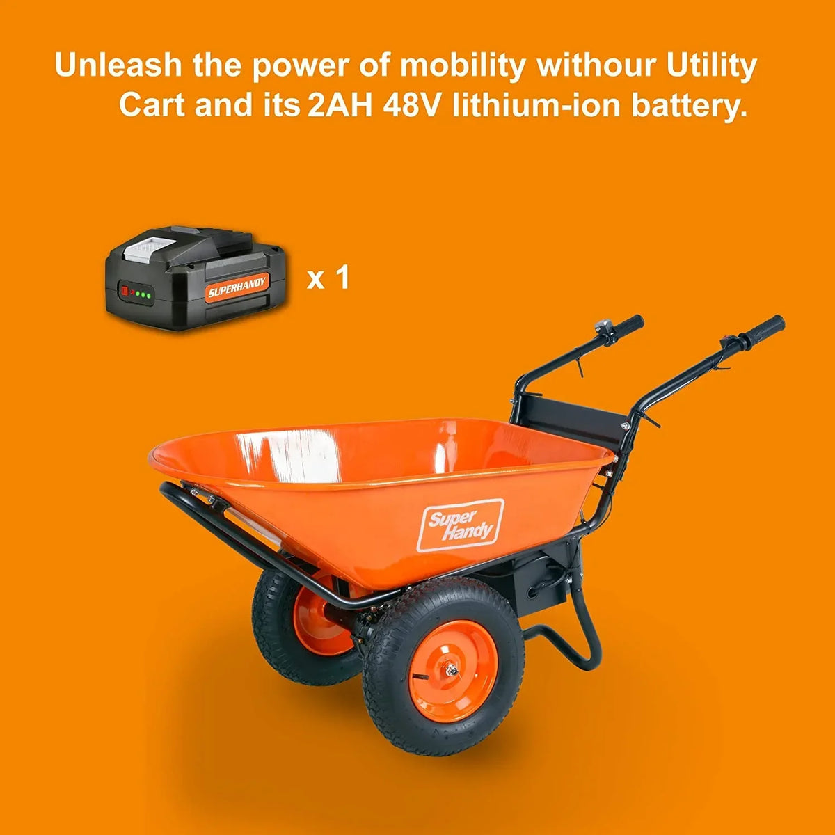 Nouveauté 2026 – Brouette motorisée SuperHandy - Propulsion électrique, batterie 48 V 2 Ah, capacité de 150 kg, cuve de 113 litres, benne basculante
