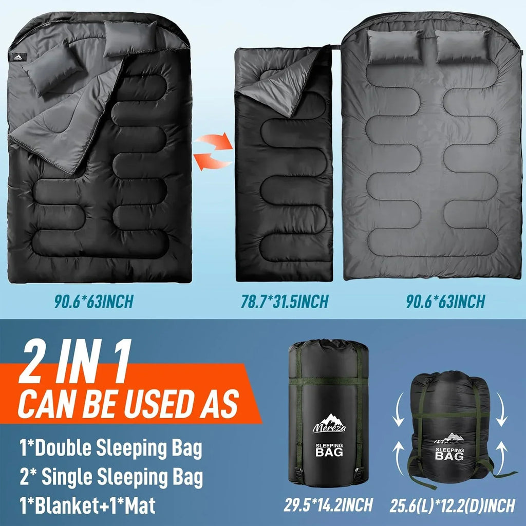 Nouveauté 2026 – Sac de couchage double pour adultes (hommes) avec oreiller, taille XL/Queen, idéal pour le camping, la randonnée et le trekking toutes saisons, par temps froid et chaud