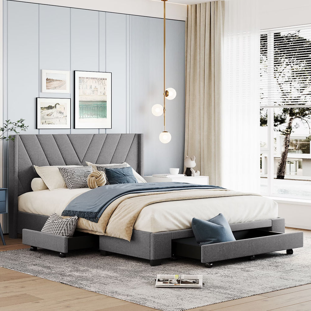 Nouveauté 2026 – Cadre de lit Queen Sesslife avec rangement, nouveau lit plateforme rembourré en lin amélioré avec 3 tiroirs, lit de rangement Queen avec tête de lit et lattes en bois, aucun sommier requis, supporte 227 kg, beige