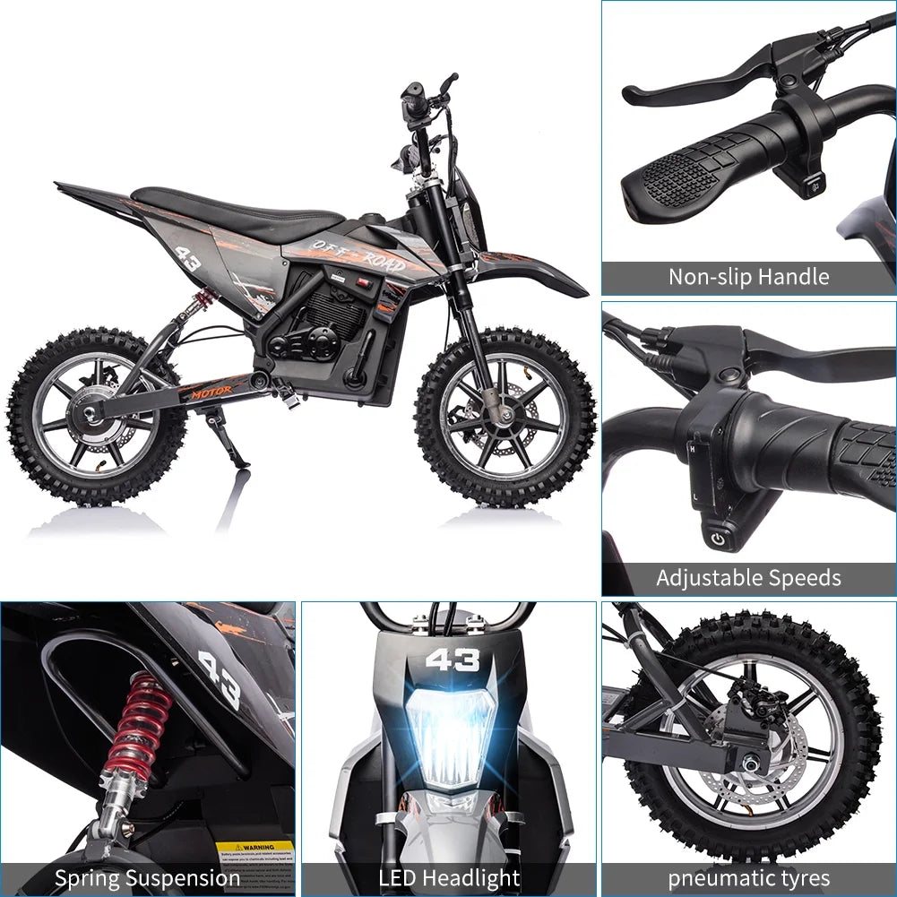 Nouveauté 2026 – Moto électrique tout-terrain pour enfants , 36 V, jusqu'à 25 km/h, moteur sans balais de 350 W, phare LED, selle en cuir, freins avant et arrière, pour enfants de 8 à 16 ans, charge maximale 79 kg