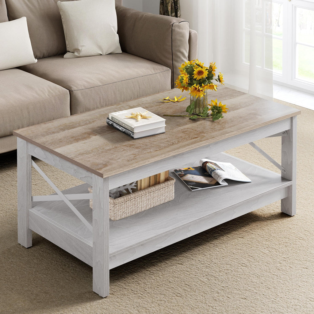 Nouveauté 2026 – Table basse Moasis Farmhouse avec rangement, table centrale à 2 niveaux pour salon, plateau gris délavé et blanc