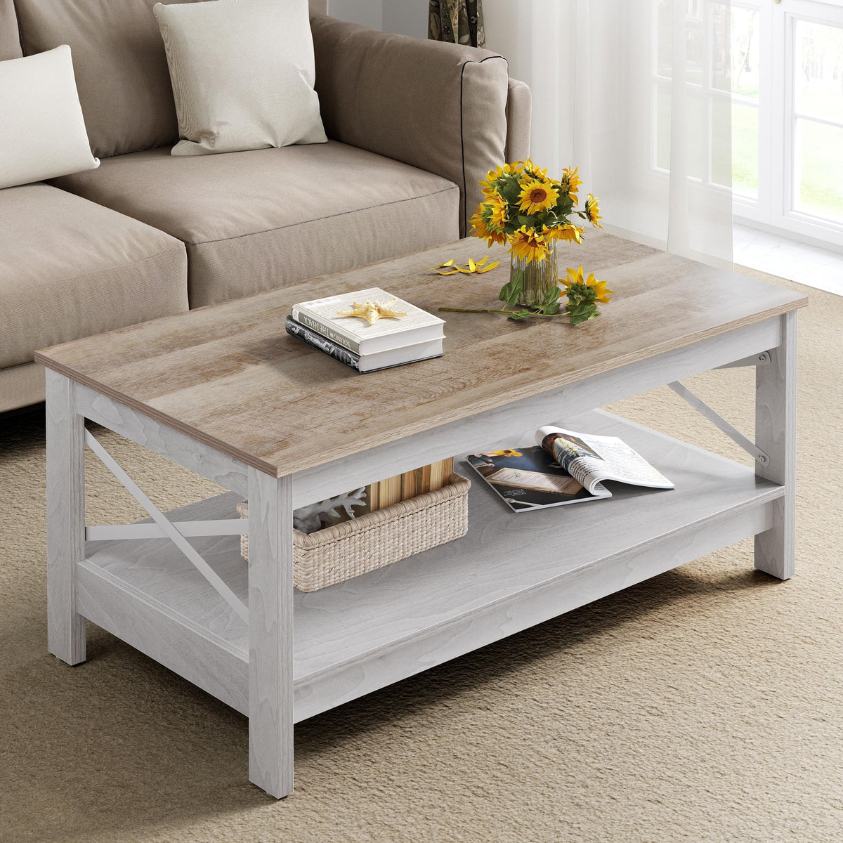 Nouveauté 2026 – Table basse Moasis Farmhouse avec rangement, table centrale à 2 niveaux pour salon, plateau gris délavé et blanc