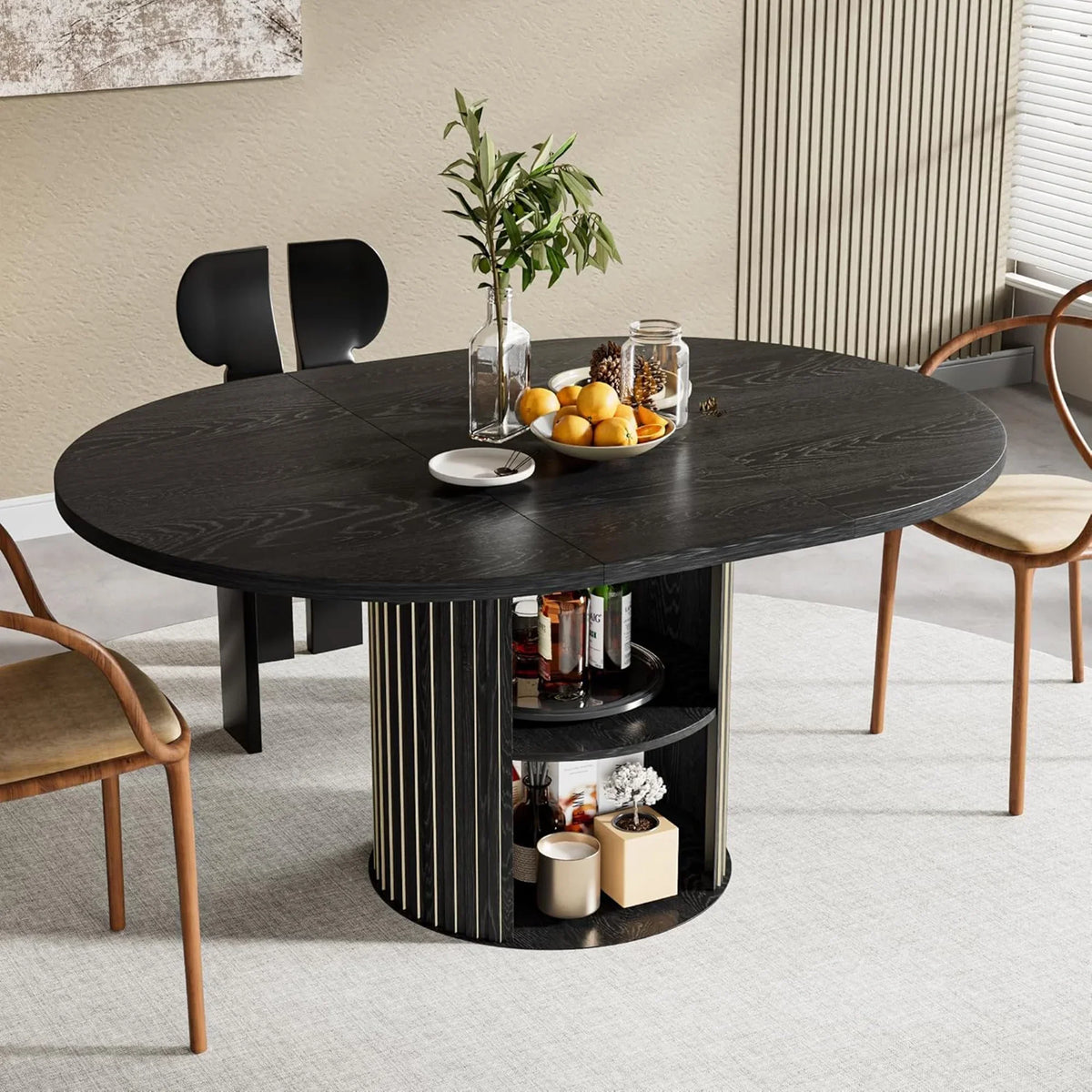 Nouveauté 2026 – Table de salle à manger extensible pour 4 à 6 personnes, table de cuisine ronde avec étagère de rangement, tables de salle à manger ovales pour salon (noyer