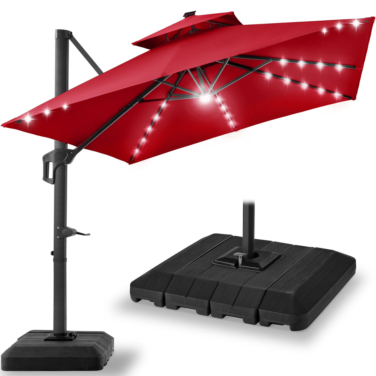 Nouveauté 2026 – Parasol de terrasse carré déporté à deux niveaux, 3 x 3 m, à éclairage solaire LED, avec base incluse (Best Choice Products, ) - Beige