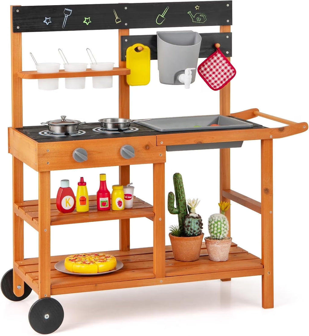 Nouveauté 2026 – Cuisine de boue OLAKIDS , cuisine de jeu d'extérieur sur roues avec 3 tasses, évier amovible et accessoires de cuisine en bois. Jouet idéal pour le jardin, cadeau pour les garçons et les filles à partir de 3 ans