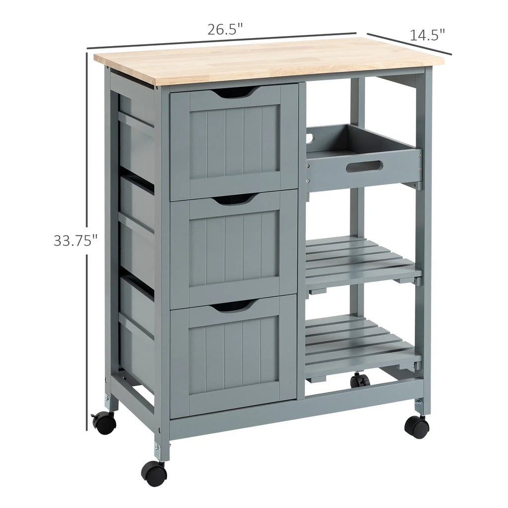 Nouveauté 2026 – Îlot de cuisine roulant HOMCOM , chariot de service de bar, chariot compact sur roulettes avec plateau en bois, étagères et tiroirs pour salle à manger, gris