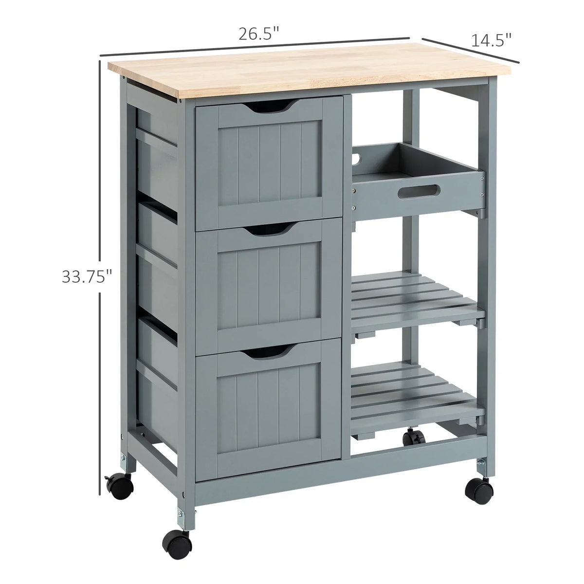 Nouveauté 2026 – Îlot de cuisine roulant HOMCOM , chariot de service de bar, chariot compact sur roulettes avec plateau en bois, étagères et tiroirs pour salle à manger, gris