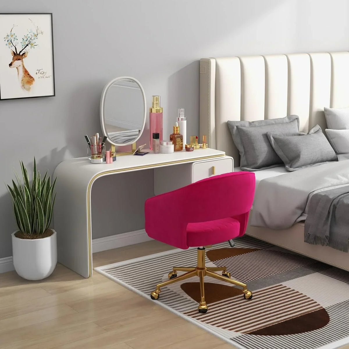 Nouveauté 2026 – Chaise de bureau Westice , chaise de travail en velours, chaise pivotante réglable en hauteur avec base dorée, idéale pour coiffeuse, bureau, salon ou salle informatique, beige