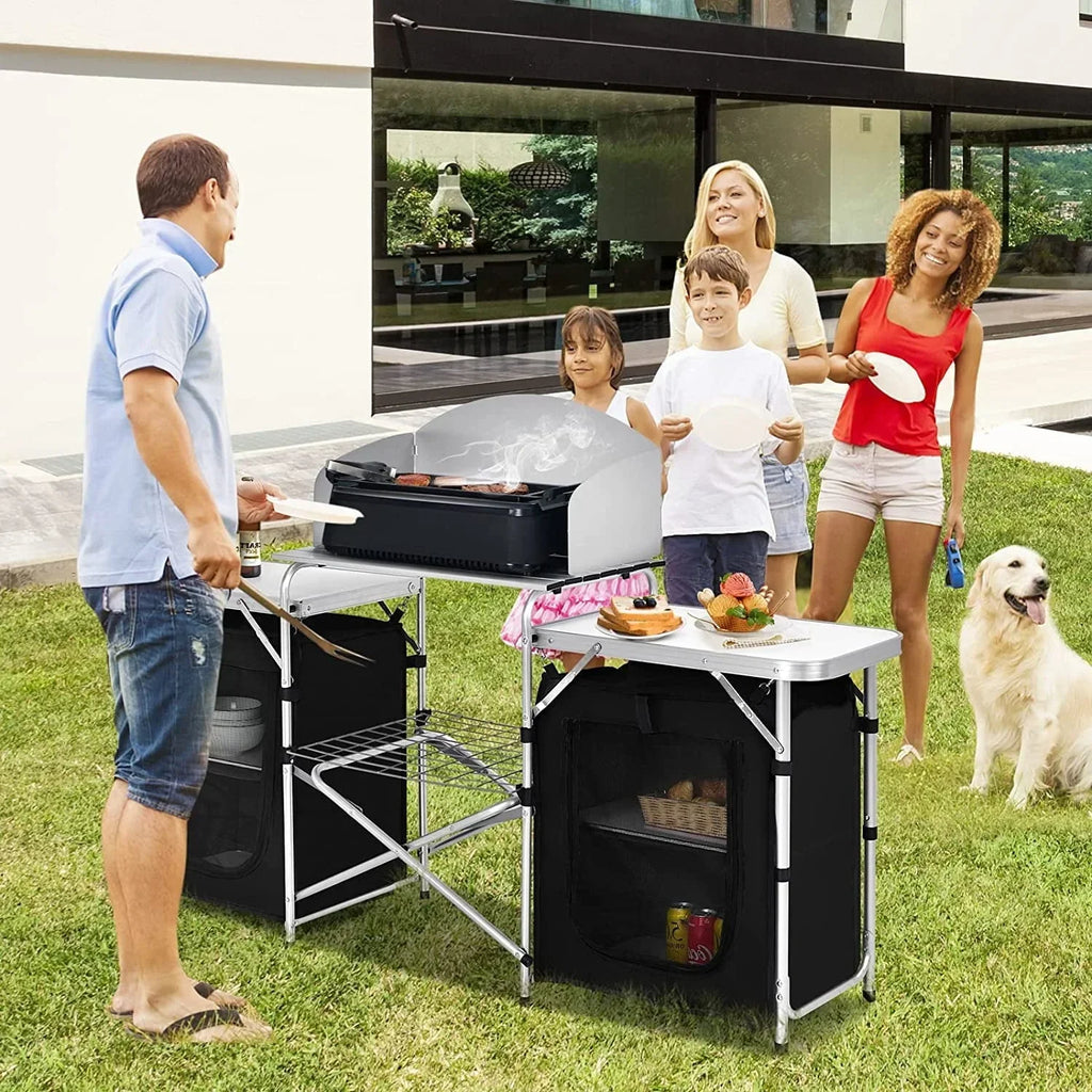 Nouveauté 2026 – Table de cuisine de camping Camping avec rangement, table de cuisson extérieure portable en aluminium avec pare-vent, table de camping pliable pour barbecue, grillades, fêtes et pique-niques