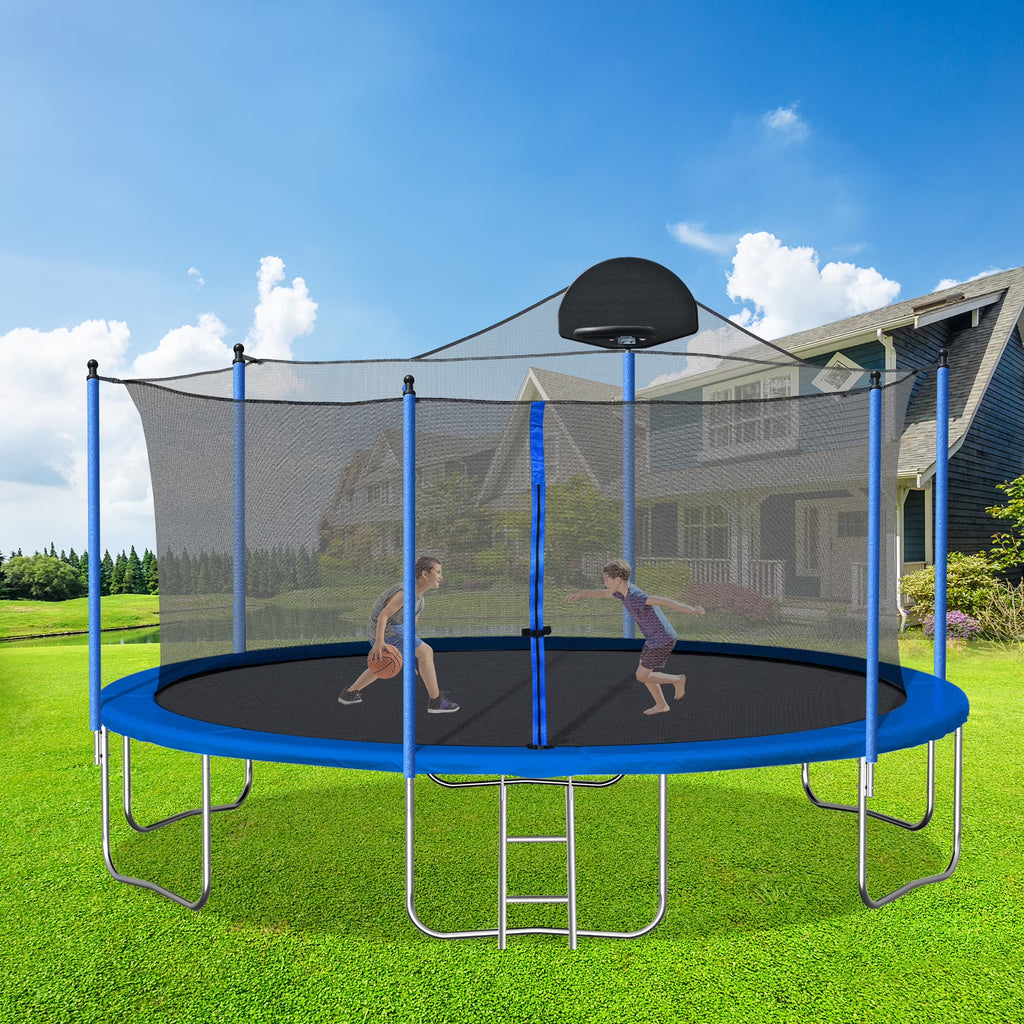 Nouveauté 2026 – Trampoline d'extérieur 4,27 m (14 pi) neuf de avec filet de sécurité, structure tubulaire en acier, échelle et filet de protection - Modèle robuste, bleu