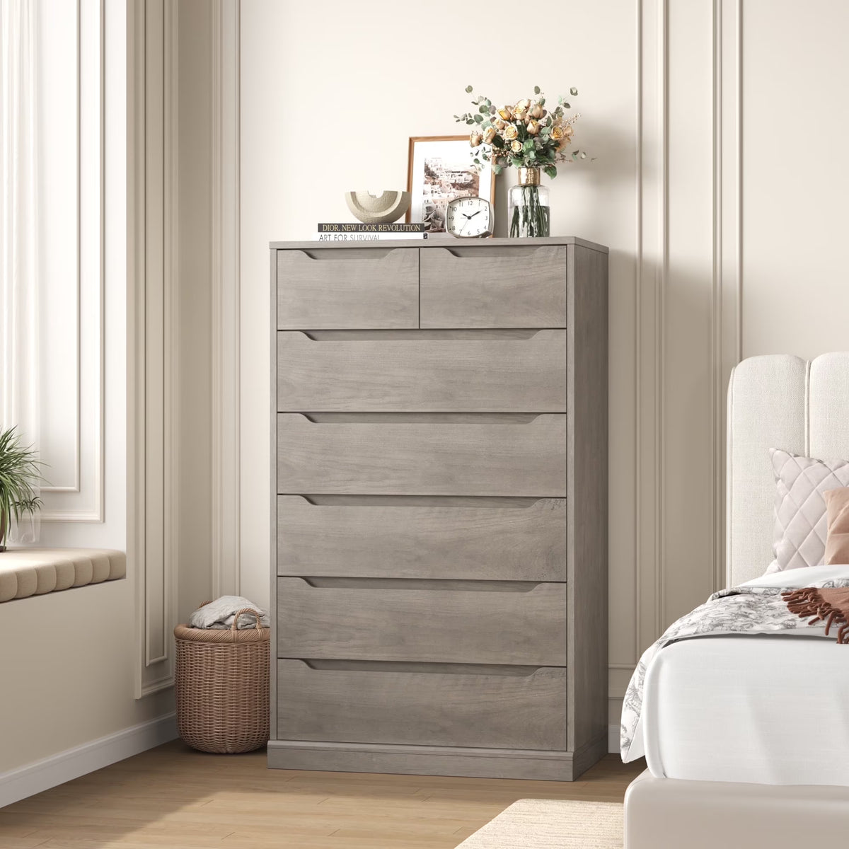 Nouveauté 2026 – Commode blanche Homfa 7 tiroirs, 130 cm de hauteur, meuble de rangement en bois avec base stable améliorée, commode verticale pour chambre ou salon