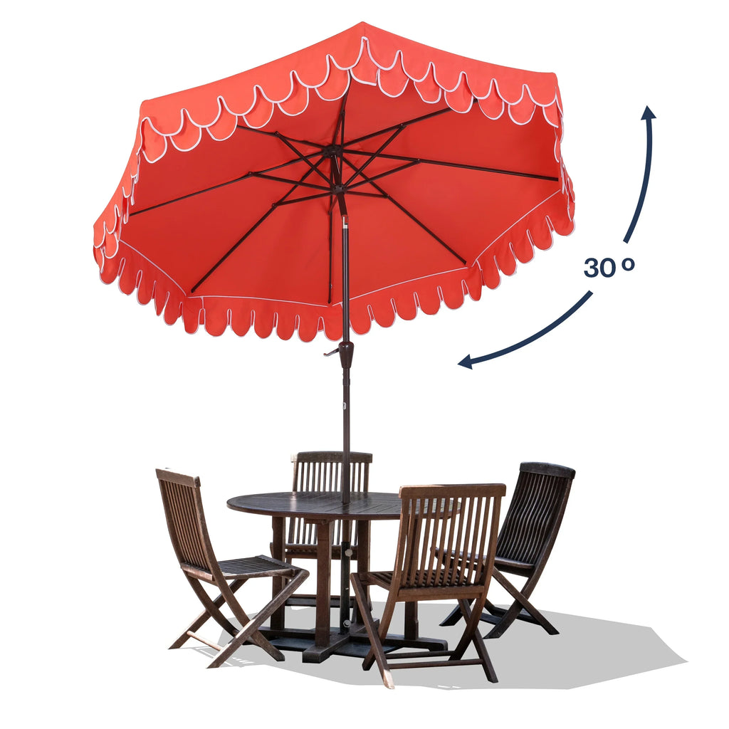 Nouveauté 2026 – Parasol de marché JONATHAN Y Tracy 2,74 m (9 pi), style classique milieu du siècle, franges festonnées, manivelle d'inclinaison automatique, aération et protection UV, rose corail/blanc, mât marron foncé
