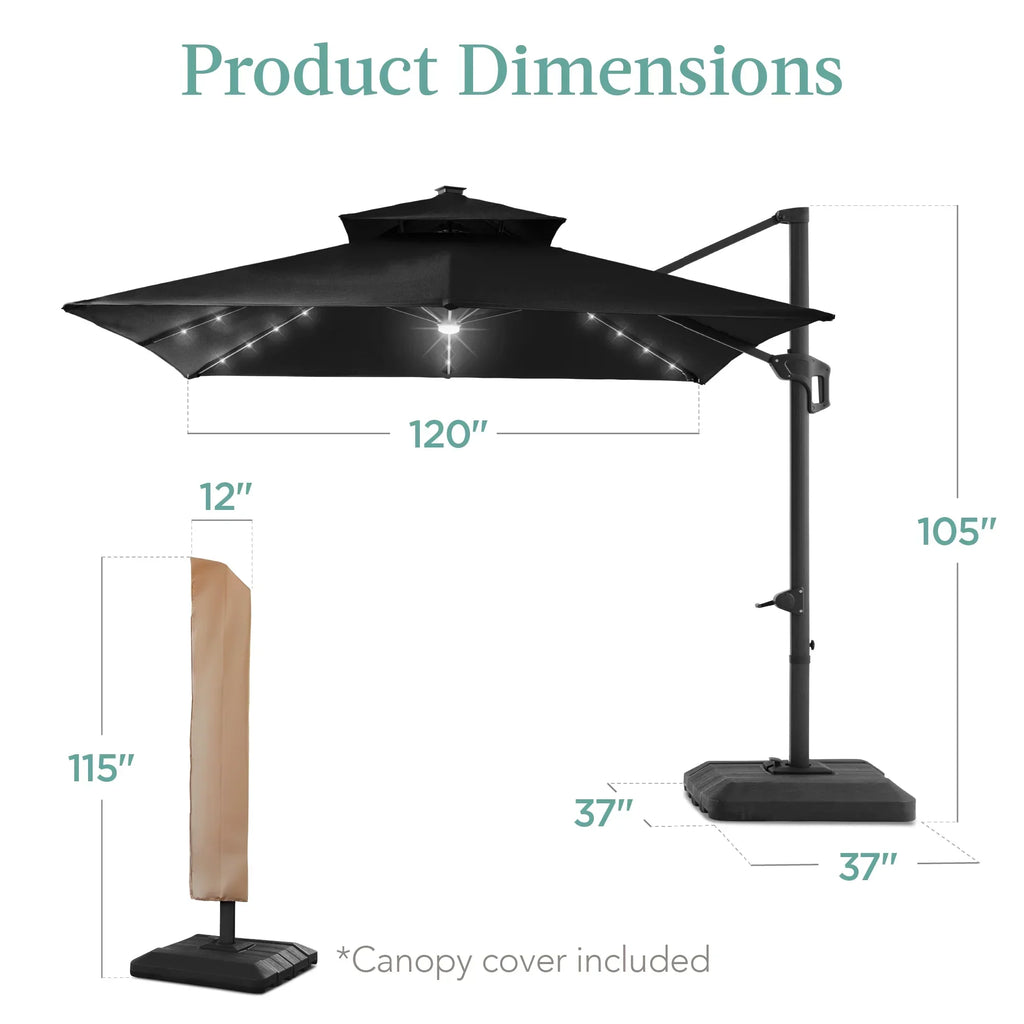 Nouveauté 2026 – Parasol de terrasse carré déporté à deux niveaux, 3 x 3 m, à éclairage solaire LED, avec base incluse (Best Choice Products, ) - Beige
