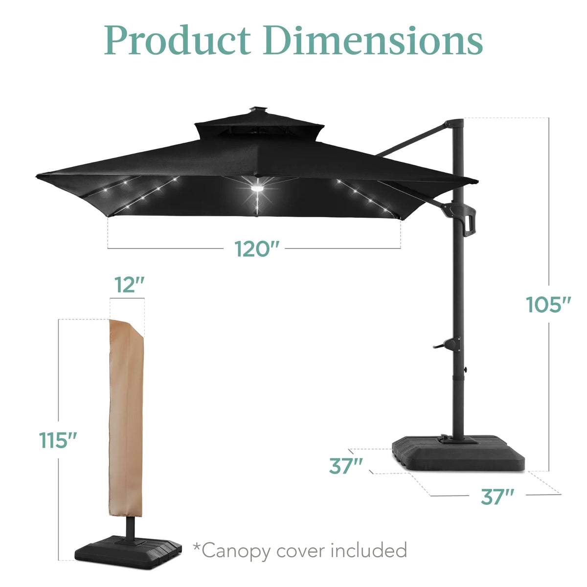 Nouveauté 2026 – Parasol de terrasse carré déporté à deux niveaux, 3 x 3 m, à éclairage solaire LED, avec base incluse (Best Choice Products, ) - Beige