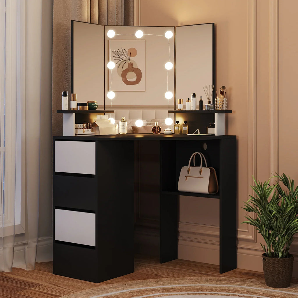 Nouveauté 2026 – Coiffeuse d'angle en placage bois blanc avec miroir et lumière, table de maquillage avec 4 tiroirs et station de recharge pour chambre à coucher