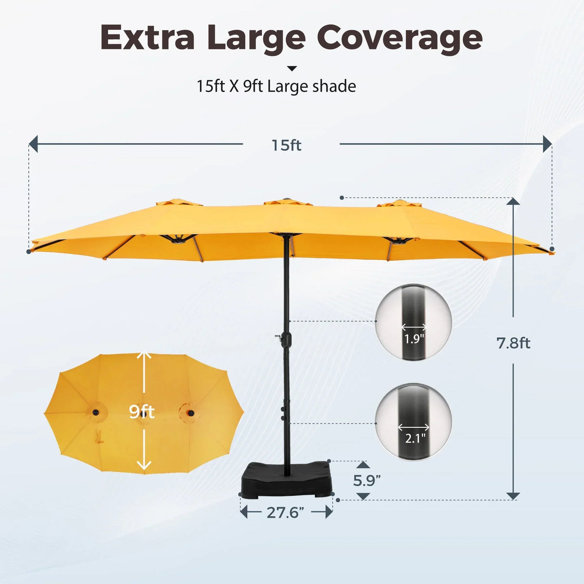 Nouveauté 2026 – Parasol de jardin extra-large Alpha Joy 4,57 m (15 pi) à double face avec manivelle et base - Gris fumé