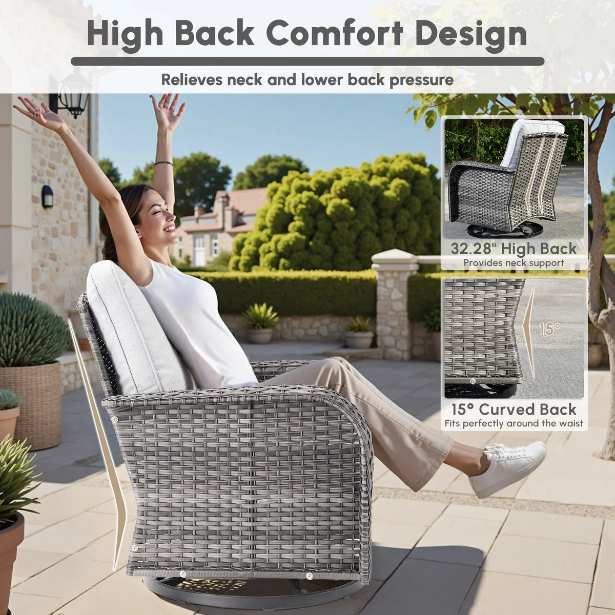 Nouveauté 2026 – Ensemble de mobilier de jardin 5 pièces Ovios , comprenant fauteuils pivotants et table basse, en résine tressée résistante aux intempéries, gris foncé