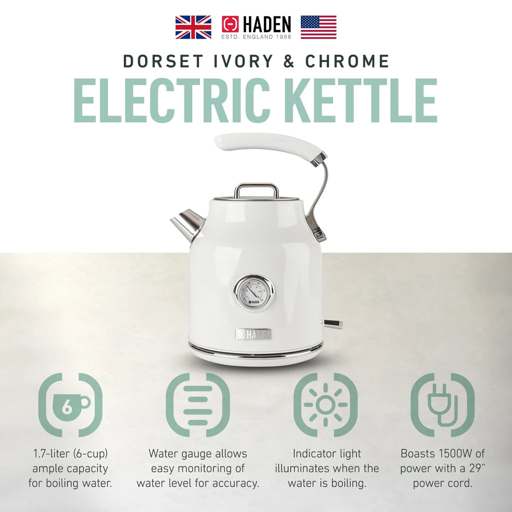 Nouveauté 2026 – Bouilloire électrique Haden Dorset 1,7 litre avec socle, mastic et chrome