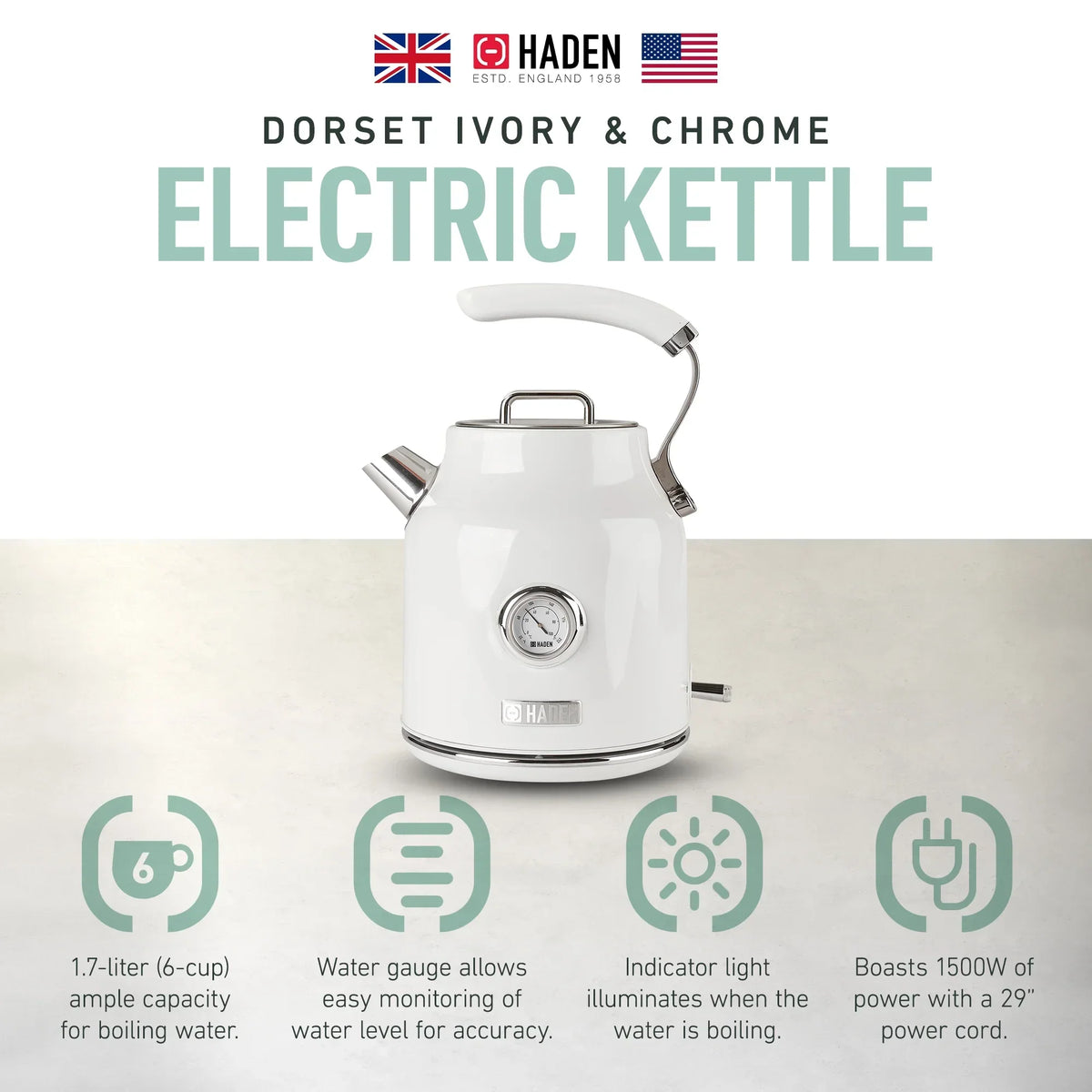 Nouveauté 2026 – Bouilloire électrique Haden Dorset 1,7 litre avec socle, mastic et chrome