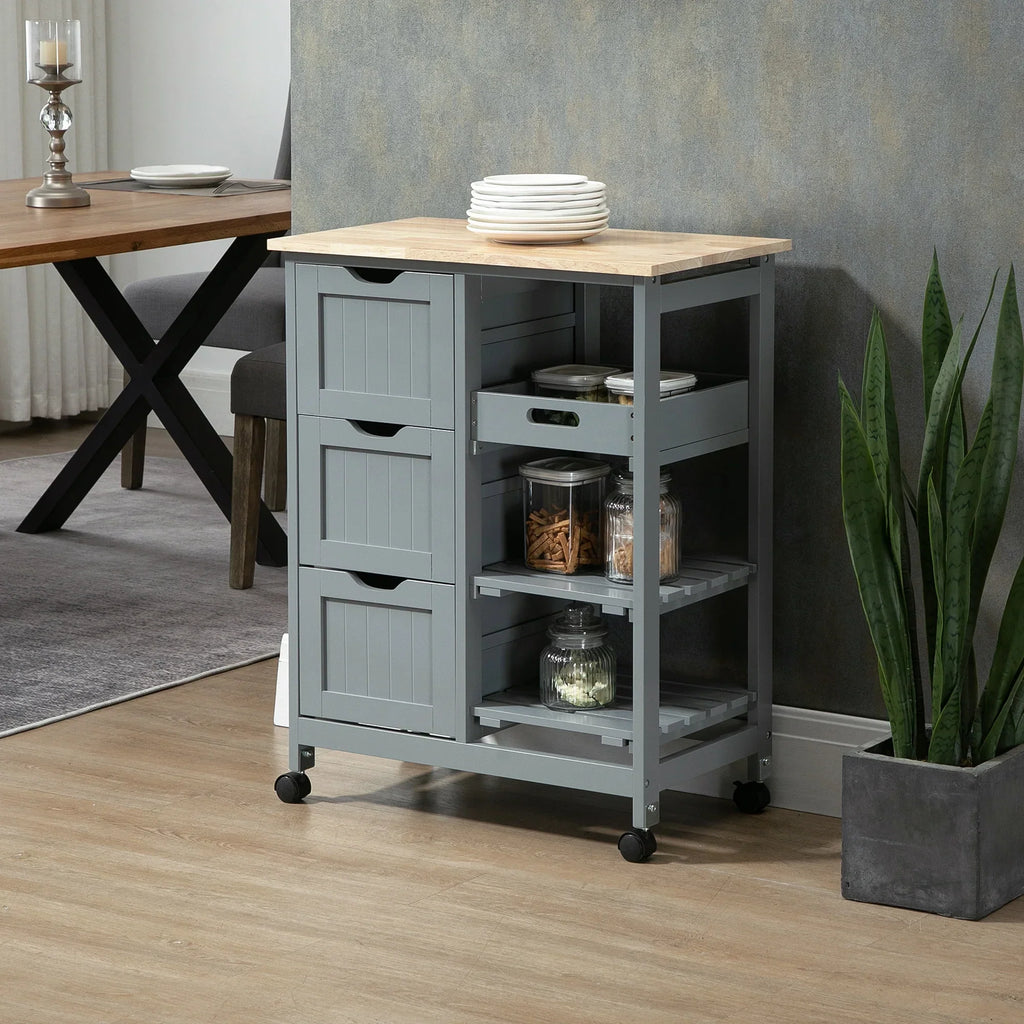 Nouveauté 2026 – Îlot de cuisine roulant HOMCOM , chariot de service de bar, chariot compact sur roulettes avec plateau en bois, étagères et tiroirs pour salle à manger, gris