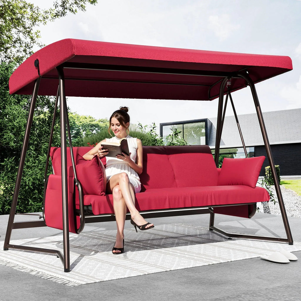 Nouveauté 2026 – Balancelle d'extérieur surdimensionnée 4 places TQKVIPI avec dossier réglable et auvent, convertible en lit suspendu 2 en 1 (capacité de 363 kg), avec coussins amovibles, idéale pour jardin, terrasse, piscine ou balcon