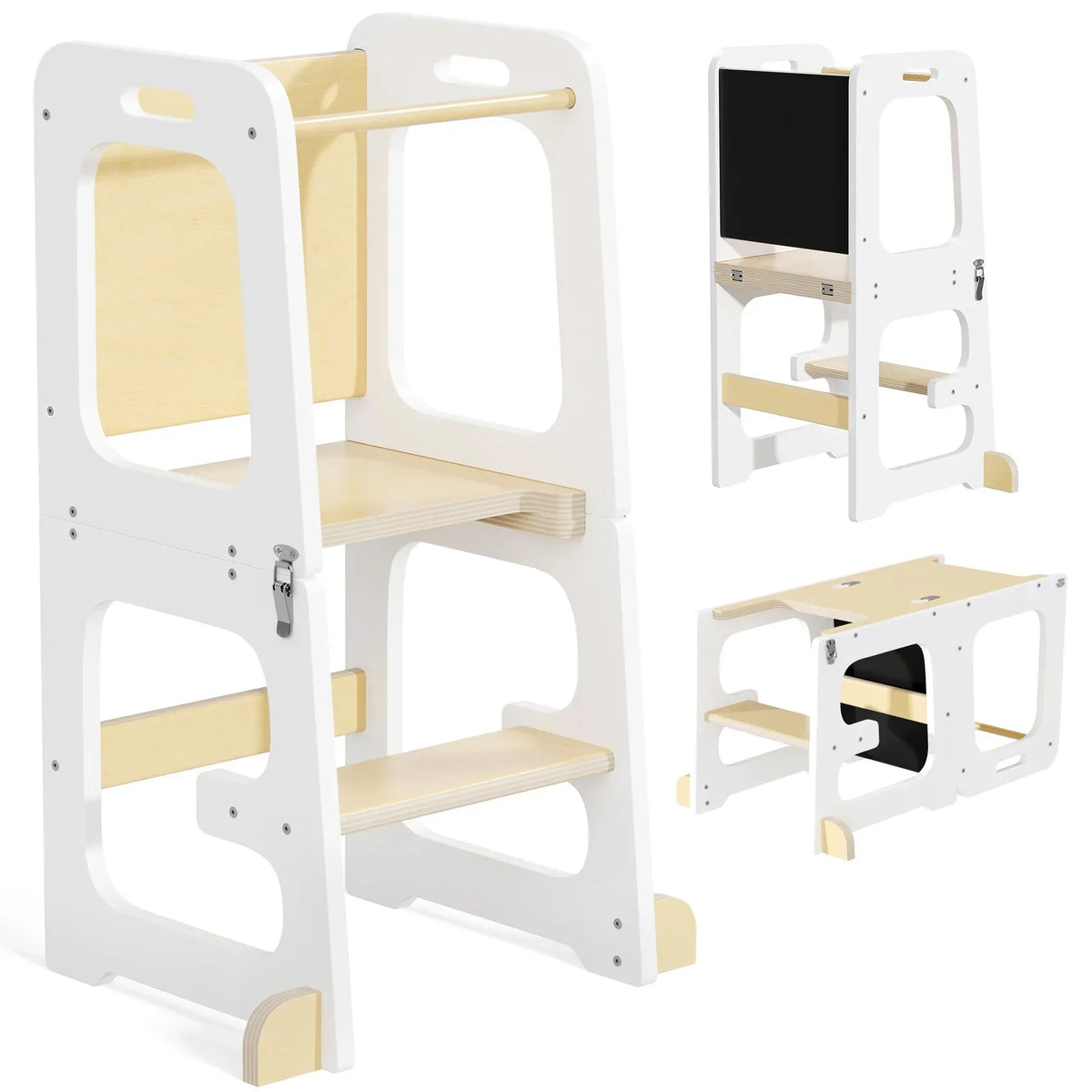 Nouveauté 2026 – Marchepied de cuisine JOZ pour tout-petits, tabouret d'apprentissage Montessori, tour pliable pour le comptoir, aide à la station debout pour les enfants, 3 hauteurs réglables, en bois, blanc