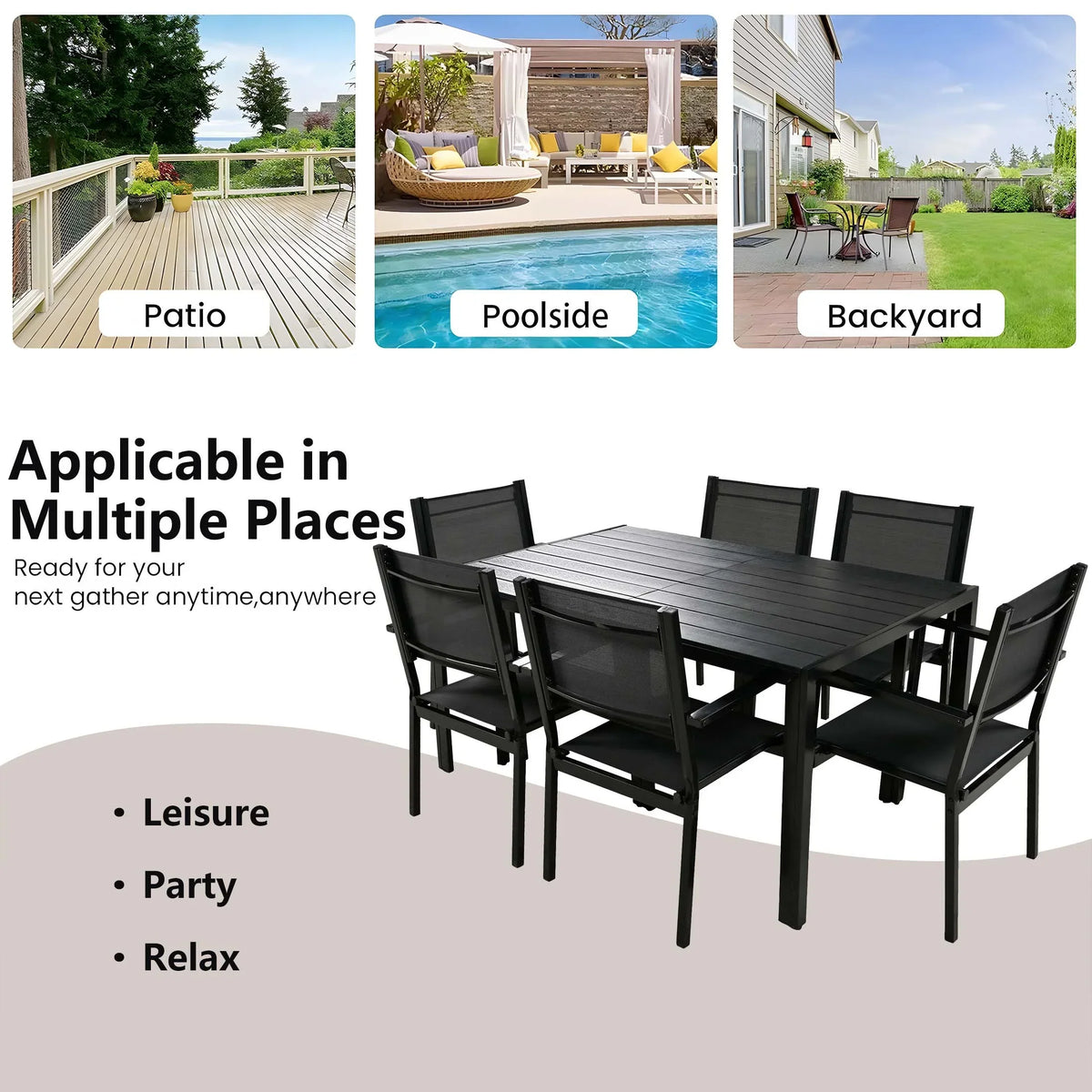 Nouveauté 2026 – Ensemble de salle à manger d'extérieur 7 pièces , comprenant une table et des chaises pour 6 personnes, un plateau en plastique imitation bois et un mobilier de jardin en textilène. Idéal pour terrasse ou patio