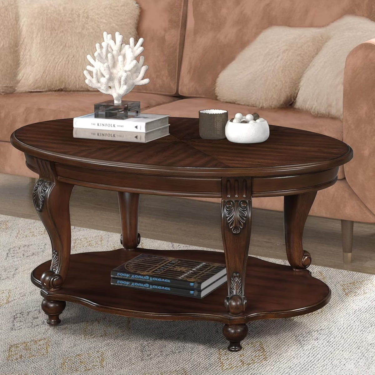 Nouveauté 2026 – Table basse ovale 42" avec étagère de rangement, table basse à deux niveaux en bois massif, style rétro traditionnel pour salon, supporte jusqu'à 181 kg, couleur cerisier