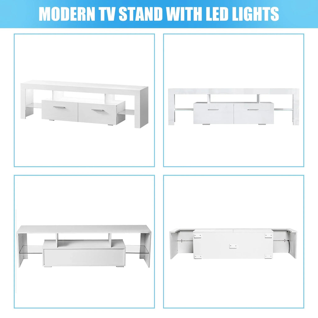 Nouveauté 2026 – Meuble TV PAPROOS pour téléviseurs jusqu'à 70 pouces, finition laquée brillante avec éclairage LED, console TV moderne avec tiroirs de rangement, meuble multimédia, blanc