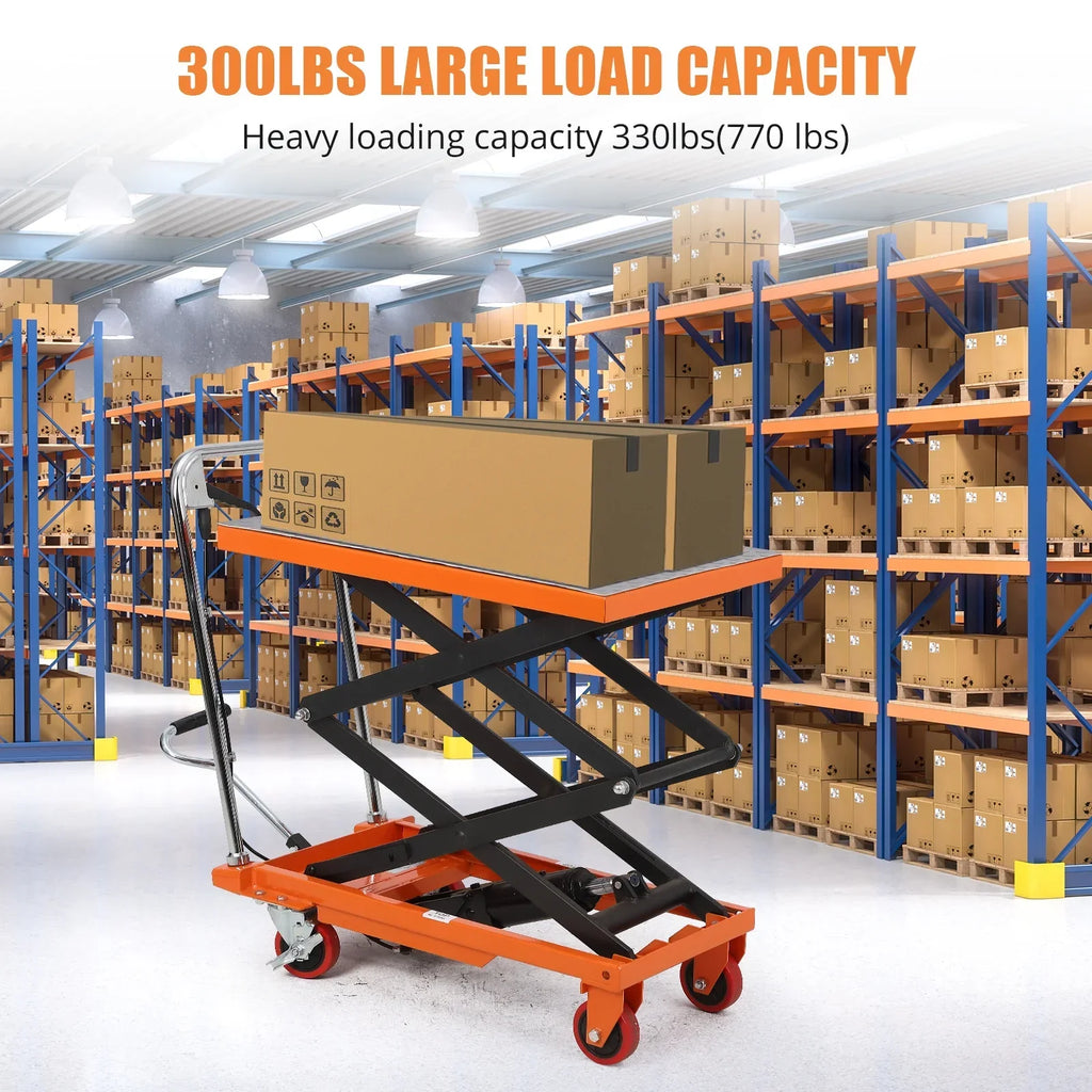 Nouveauté 2026 – Chariot élévateur hydraulique - Capacité de 350 kg, hauteur de levage réglable jusqu'à 150 cm, table élévatrice manuelle à double ciseaux avec 4 roues et patins antidérapants de 3 mm pour une manutention et un transport sécuritaires,