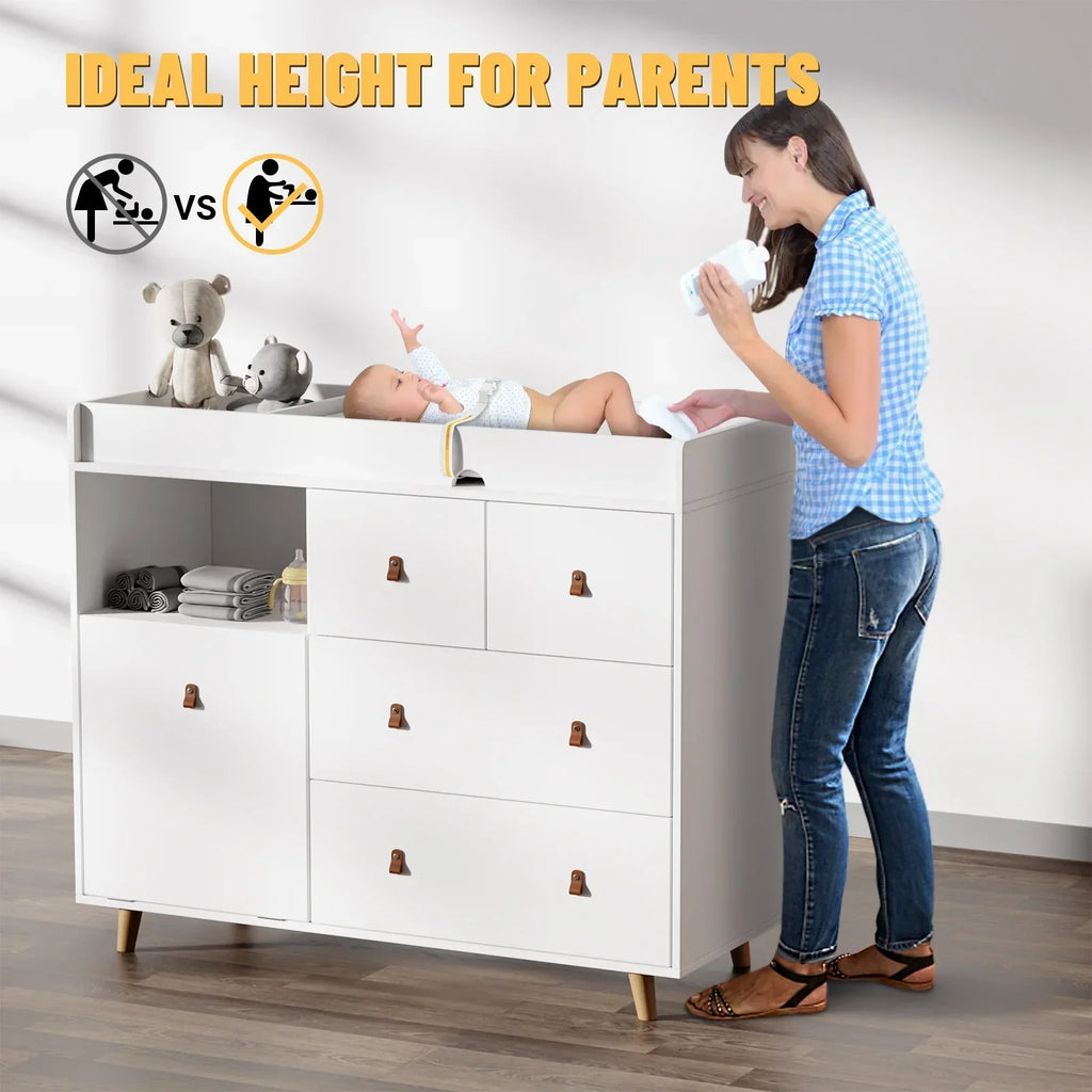 Nouveauté 2026 – Table à langer/commode pour chambre de bébé OXYLIFE , 114 cm (45 po), avec 4 tiroirs et une étagère, blanche