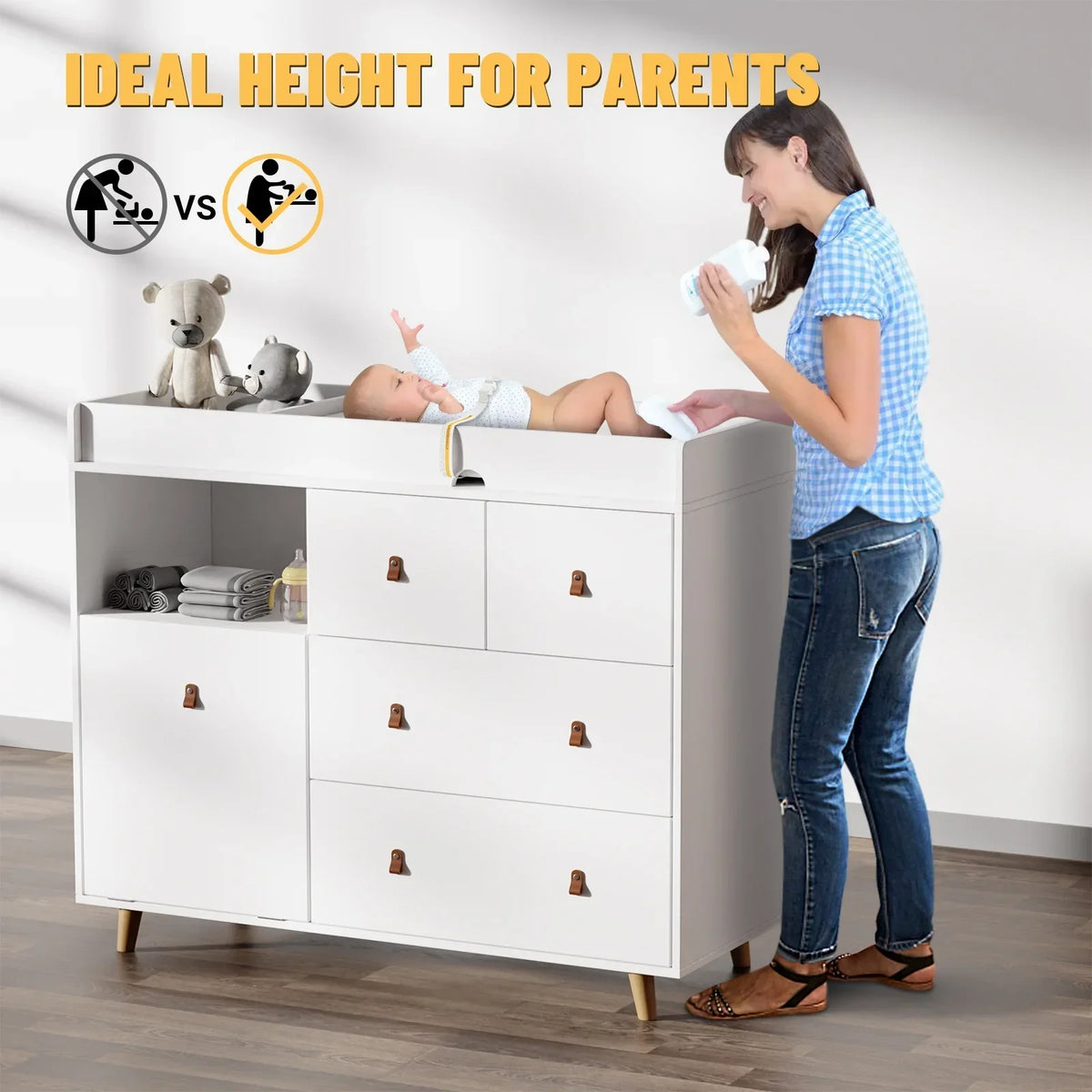 Nouveauté 2026 – Table à langer/commode pour chambre de bébé OXYLIFE , 114 cm (45 po), avec 4 tiroirs et une étagère, blanche