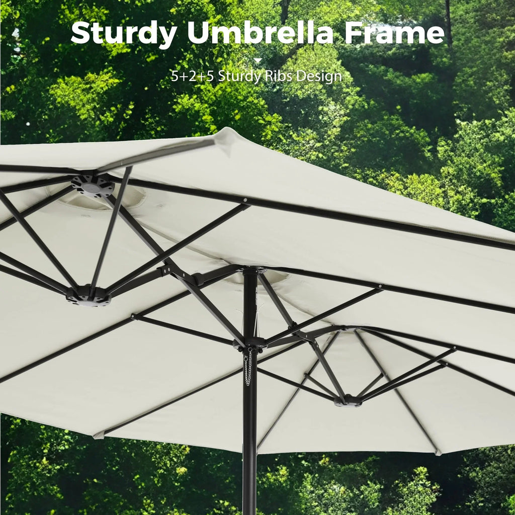 Nouveauté 2026 – Parasol de jardin extra-large Alpha Joy 4,57 m (15 pi) à double face avec manivelle et base - Gris fumé