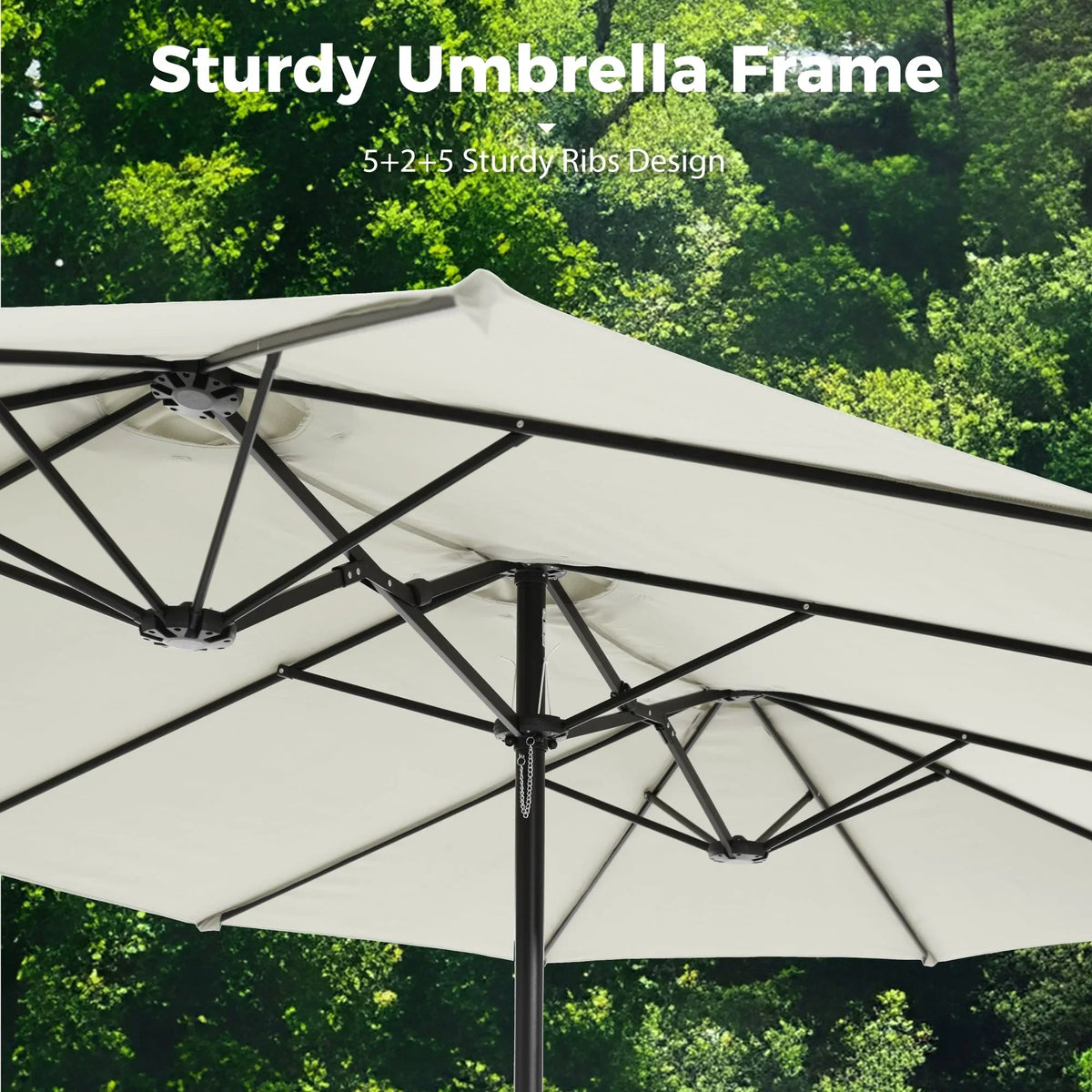 Nouveauté 2026 – Parasol de jardin extra-large Alpha Joy 4,57 m (15 pi) à double face avec manivelle et base - Gris fumé