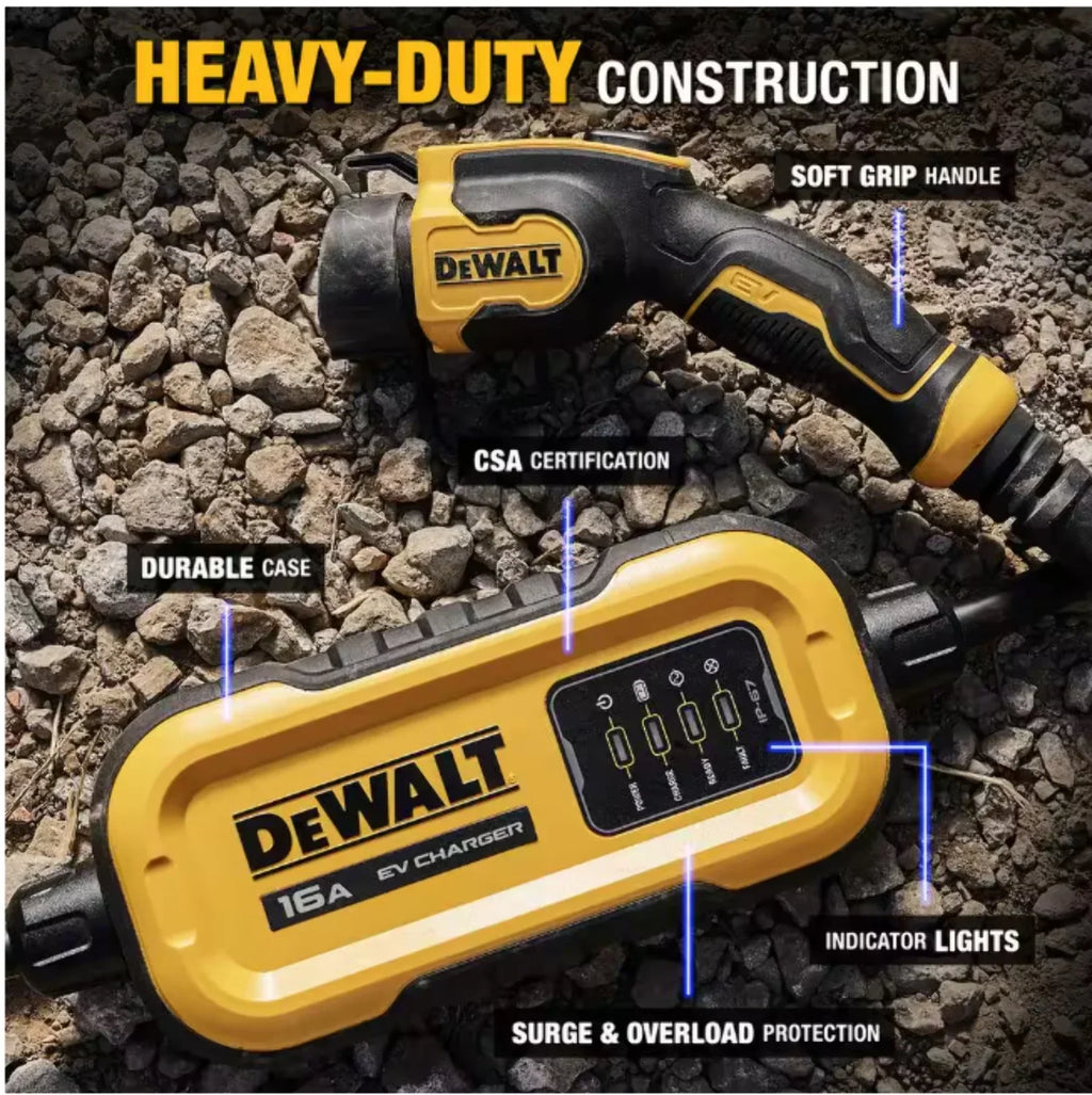 Nouveauté 2026 – Chargeur portable DEWALT niveau 2 pour véhicules électriques (VE), jusqu'à 16 A, 120-240 V CA, 3,8 kW, câble de 7,6 m, résistant aux intempéries