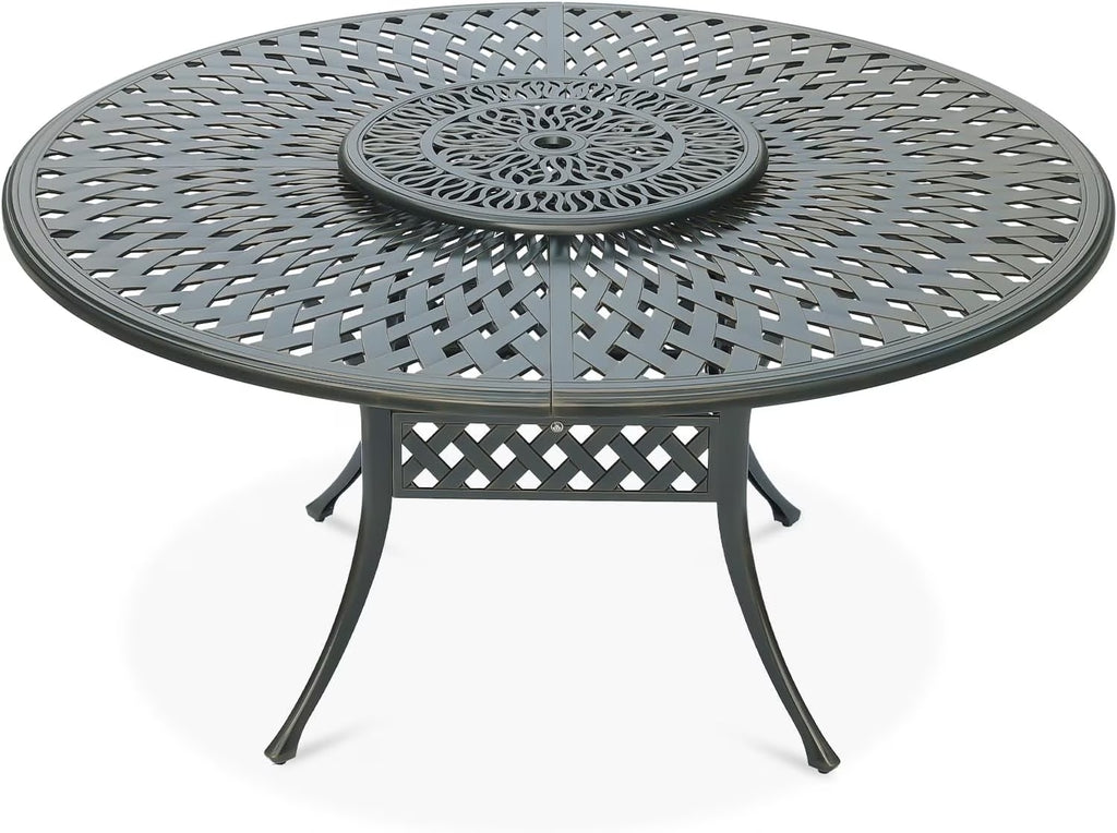 Nouveauté 2026 – Table de salle à manger d'extérieur VIVIJASON , 155 cm (61 po), pour 6 à 8 personnes, grande table ronde avec plateau tournant de 61 cm (24 po), en aluminium moulé bronze foncé au style rustique, avec trou pour parasol, idéale pour b